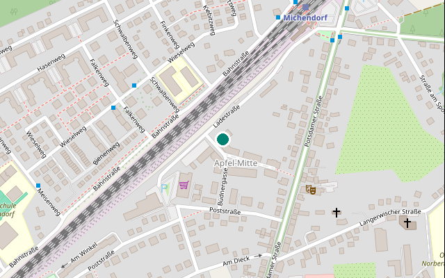 Karte mit der Lage der Praxis: Büdnergasse 2, 14552 Michendorf